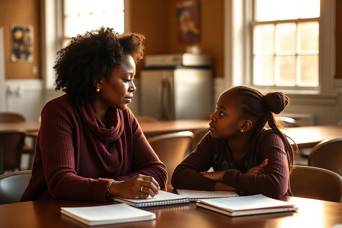 An adult mentor listening attentively to a teen at a community center table